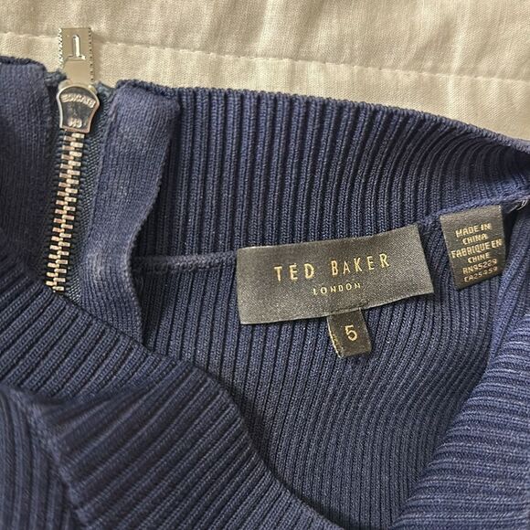 Ted Baker 5/14 Ellhad Navy Mock Neck Knit Combo Long Sl D-Belted Back Zip Dress - Picture 13 of 16